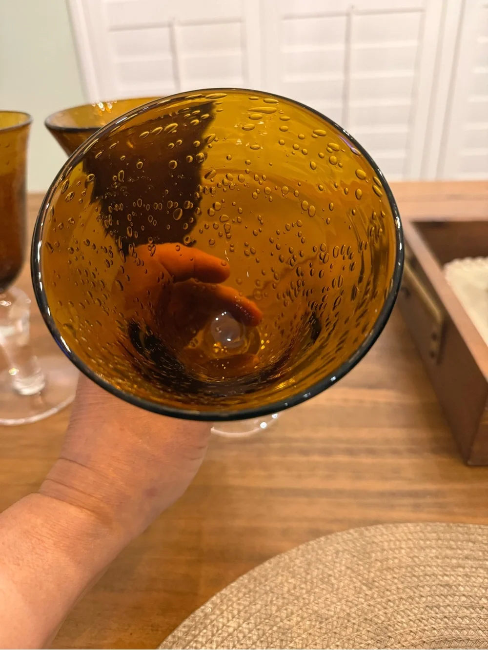 Amber  Goblet Bubble Seeded Hand Blown Glass- (Set of 4) 8”